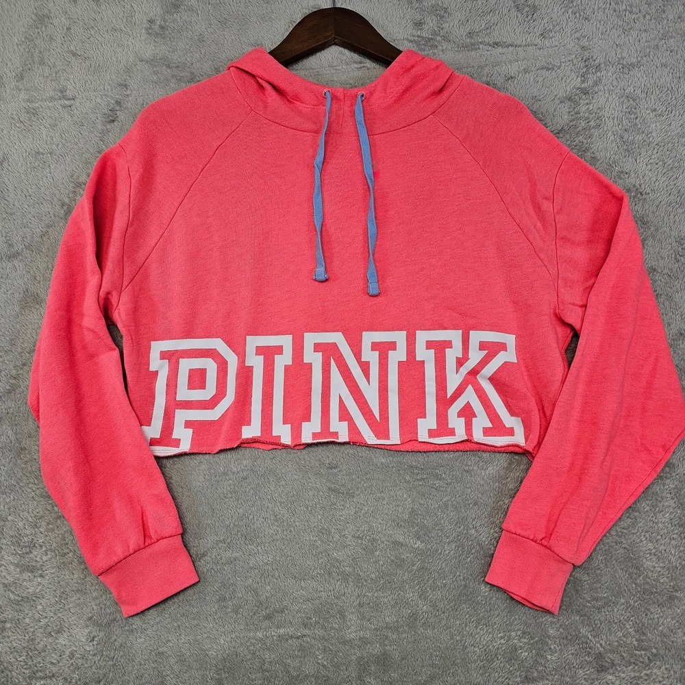 PINK Victoria's Secret‎ Cropped Hoodie Women's Small Raw Hem Drawstring Pullover